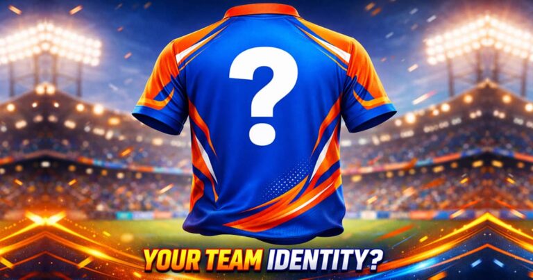 A bright cricket jersey graphic with a large question mark on the back, representing the search for best cricket team names