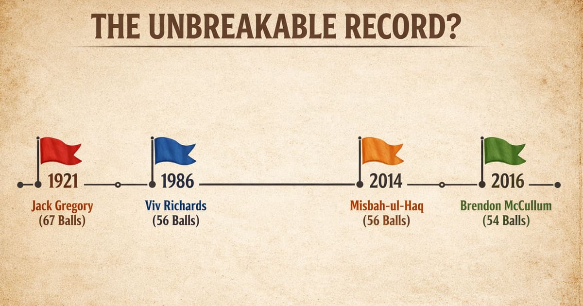 Timeline infographic displaying the progression of the fastest hundred in test cricket record from 1921 to 2016