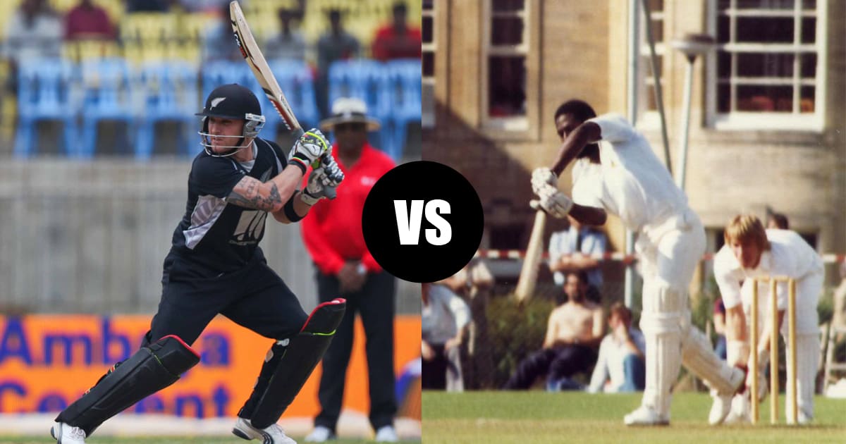 Split screen comparison of Brendon McCullum and Viv Richards, the legends holding the record for the fastest hundred in test cricket history.