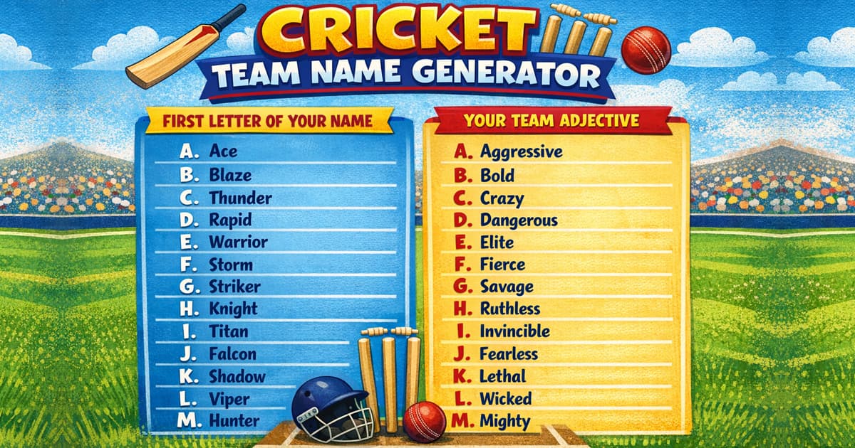 Fun infographic chart showing a cricket team name generator based on the first letter of your name