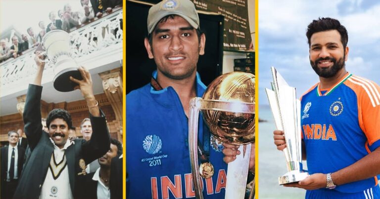 Collage of India's Cricket World Cup winning captains: Kapil Dev (1983 ODI), MS Dhoni (2011 ODI), and Rohit Sharma (2024 T20) holding their respective trophies.