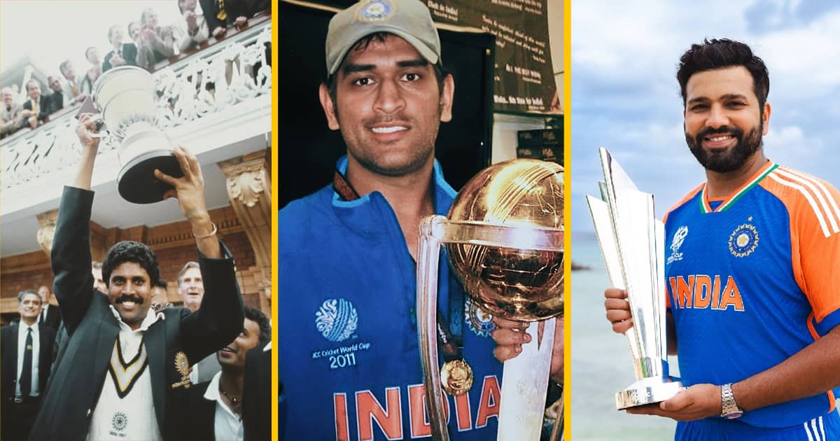 Collage of India's Cricket World Cup winning captains: Kapil Dev (1983 ODI), MS Dhoni (2011 ODI), and Rohit Sharma (2024 T20) holding their respective trophies.
