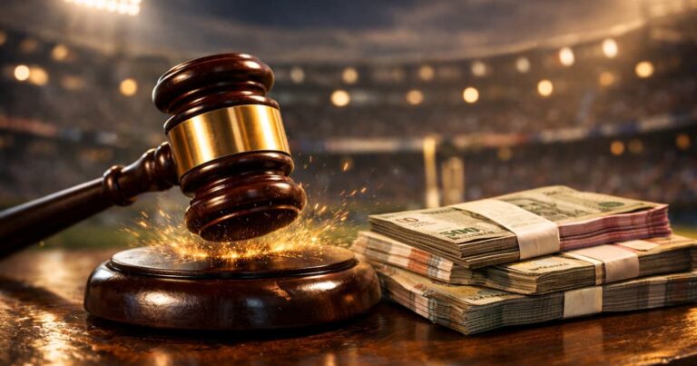 A wooden auction gavel hitting a sound block, with blurred stacks of Indian Rupee notes in the foreground and a stadium ground in the background.