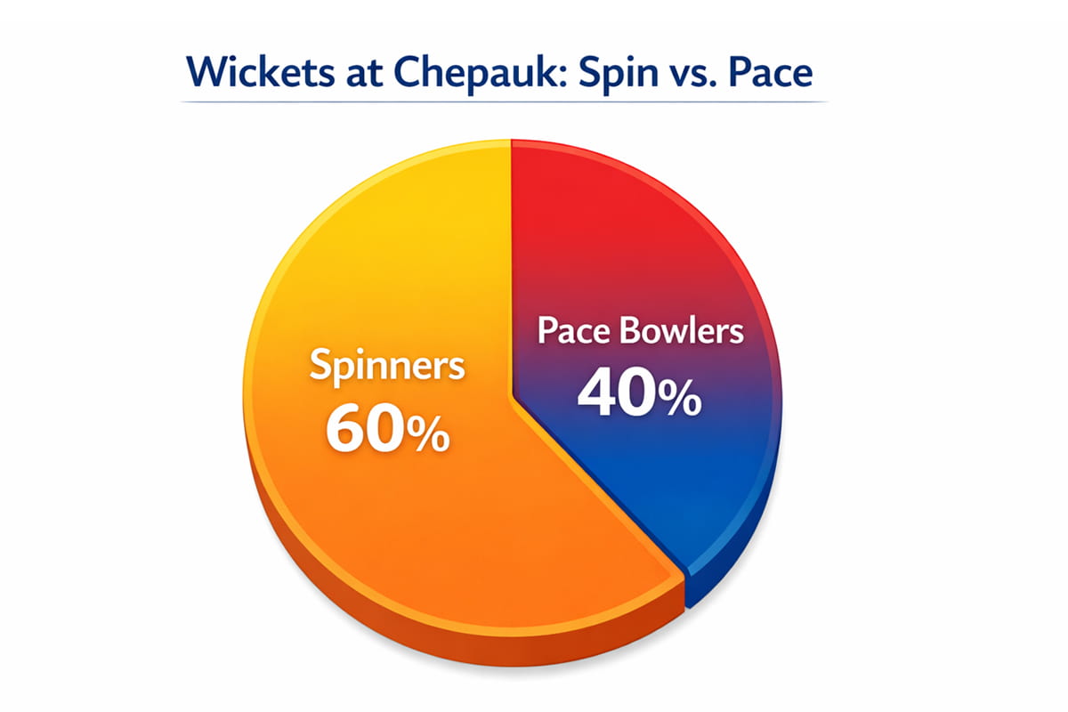 Pie chart showing spin vs pace wickets for MA Chidambaram stadium pitch report