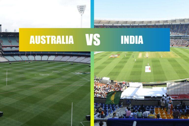 Split comparison view of the massive Narendra Modi Stadium in India and the Melbourne Cricket Ground (MCG) in Australia, the two largest cricket stadiums in the world.