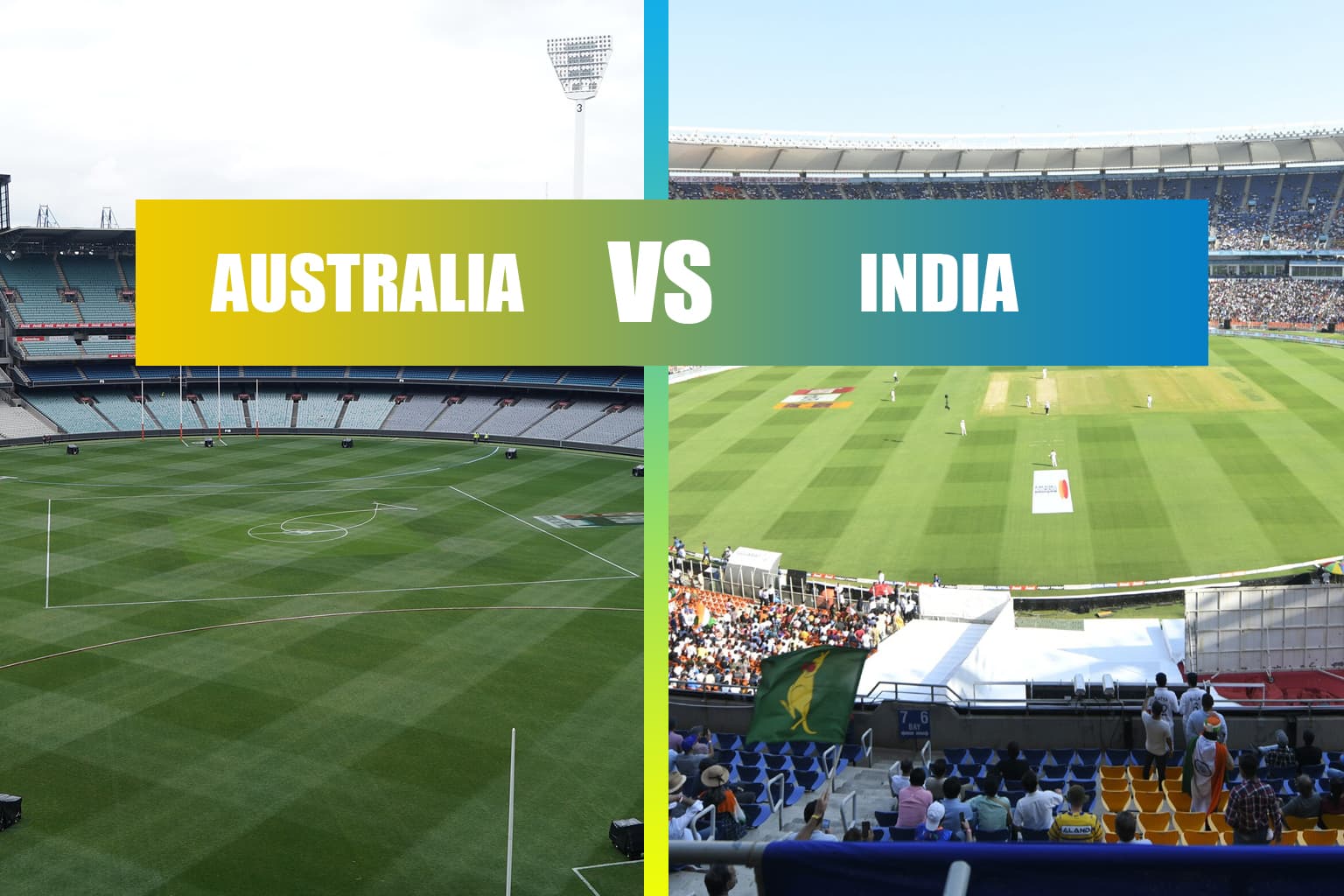 Split comparison view of the massive Narendra Modi Stadium in India and the Melbourne Cricket Ground (MCG) in Australia, the two largest cricket stadiums in the world.