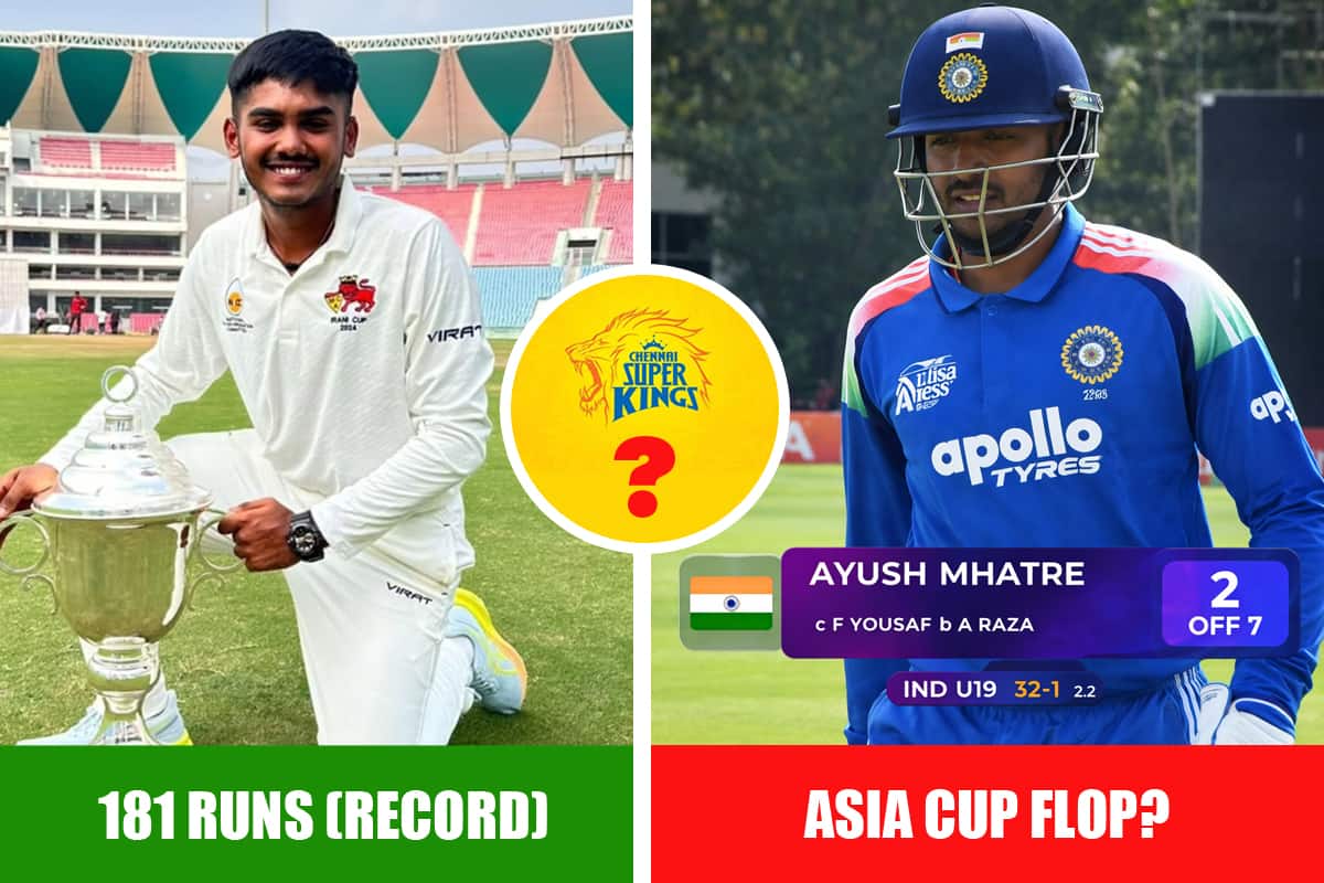 Ayush Mhatre stats comparison showing his 181 run domestic record versus his recent U-19 Asia Cup failure for CSK analysis.