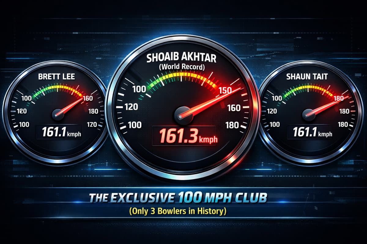 Speedometer infographic ranking Shoaib Akhtar, Shaun Tait, and Brett Lee by fastest ball speed