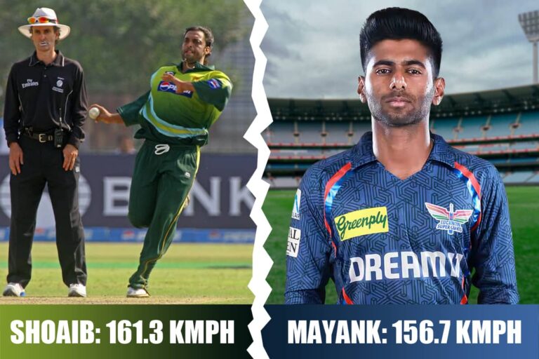 Shoaib Akhtar bowling the fastest ball in cricket history (161.3 kmph) vs Mayank Yadav in IPL.
