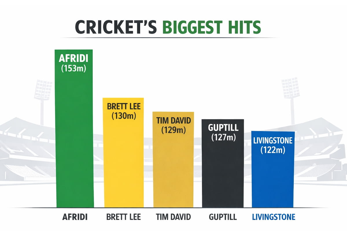 Bar chart infographic comparing the top 5 longest sixes in cricket history by distance in meters