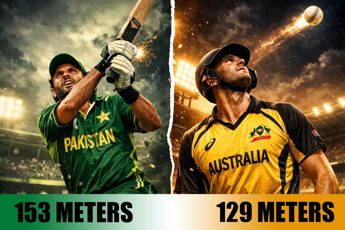 Split image comparison of Shahid Afridi and Tim David, the two players with the longest sixes in cricket history.
