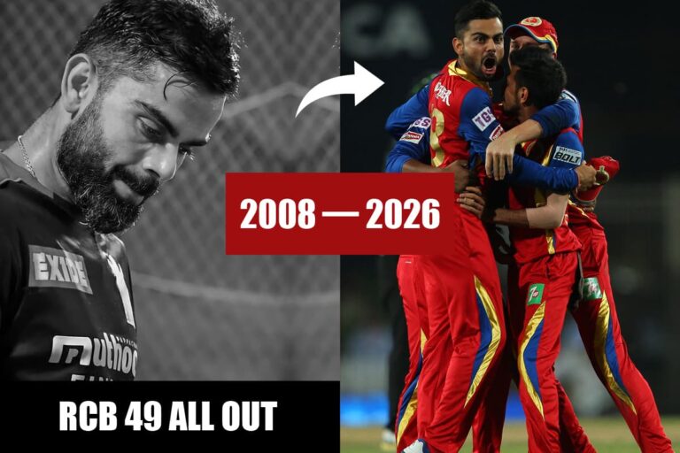Royal Challengers Bengaluru vs Kolkata Knight Riders timeline showing the evolution from the 49 all out disaster to the 2025 champions title win.