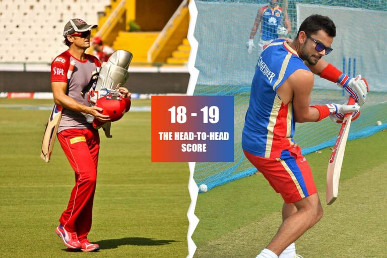 Royal Challengers Bengaluru vs Punjab Kings timeline showing Adam Gilchrist and Virat Kohli with 19-18 head to head record.