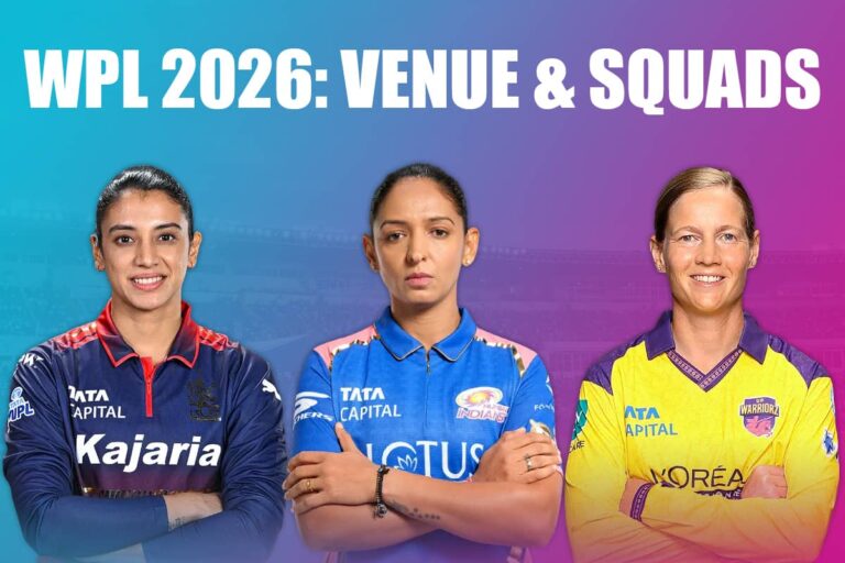 WPL 2026 venue DY Patil Stadium background with captains Smriti Mandhana, Harmanpreet Kaur, and Meg Lanning in UP Warriorz jersey.