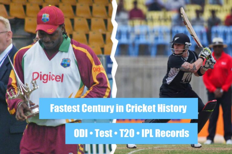Fastest Century in Cricket History comparison graphic showing ODI, Test, T20I and IPL records