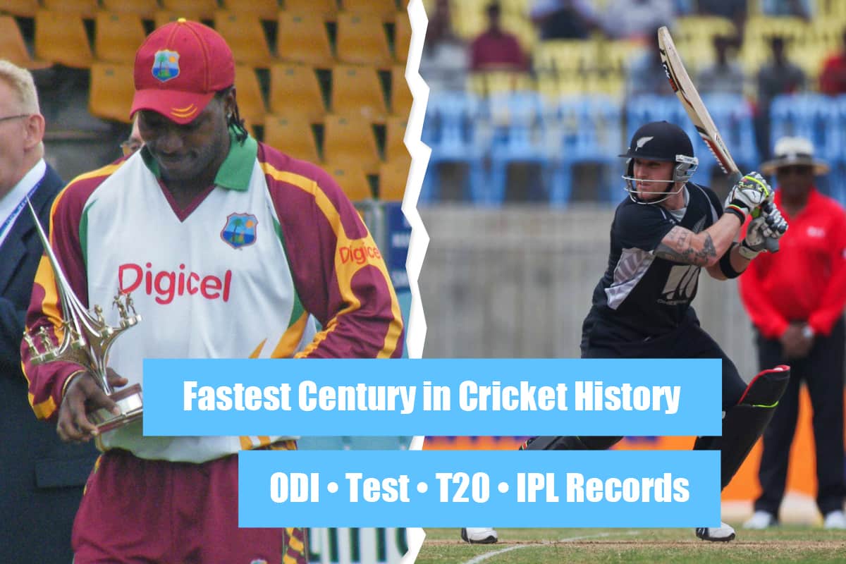 Fastest Century in Cricket History comparison graphic showing ODI, Test, T20I and IPL records